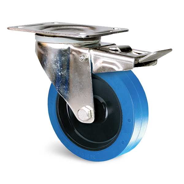 roulette-inox-KP41BD080-571RX Roulette caoutchouc à platine en tôle d'acier emboutie inoxydable 100 à 300 kg - à platine pivotante à double blocage, 48, 300, 200, 240, 48, 129x106, 11, 105x80, à rouleaux